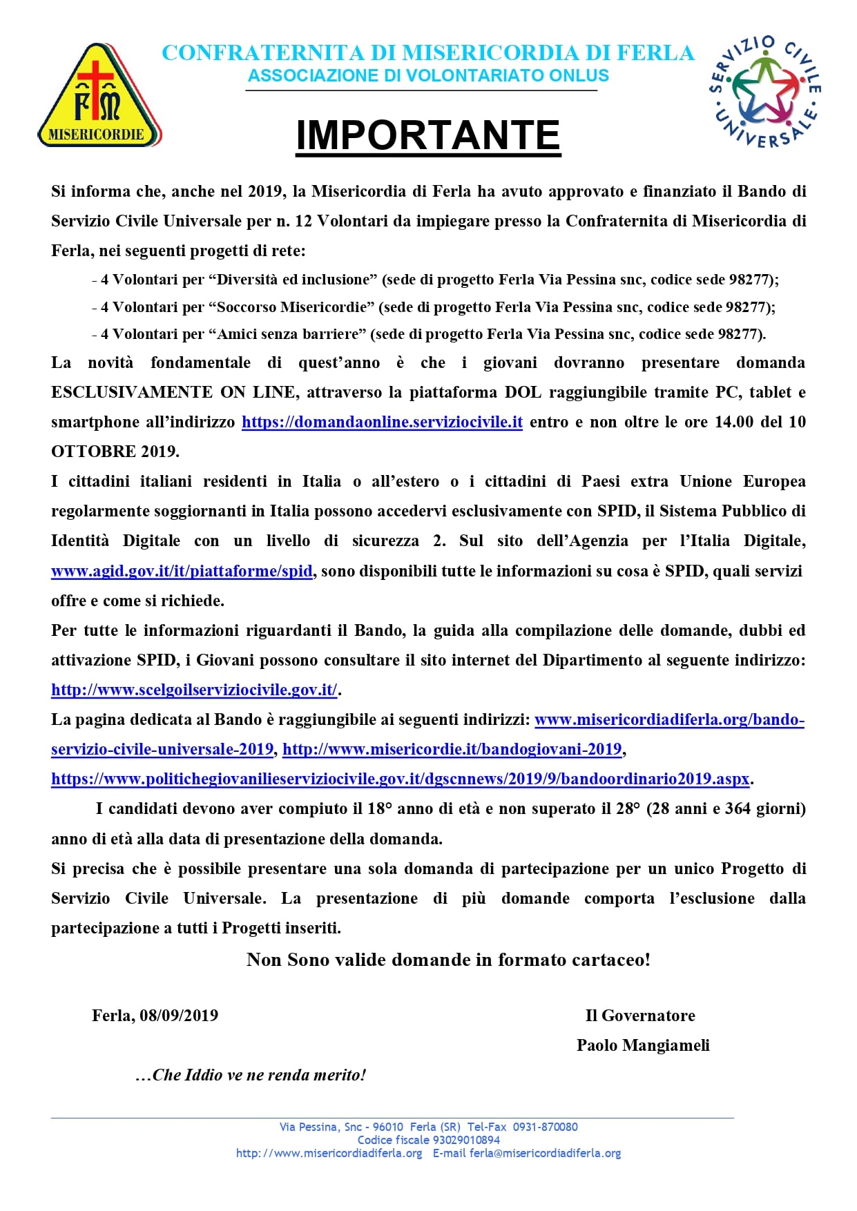 bando servizio civile universale 2019